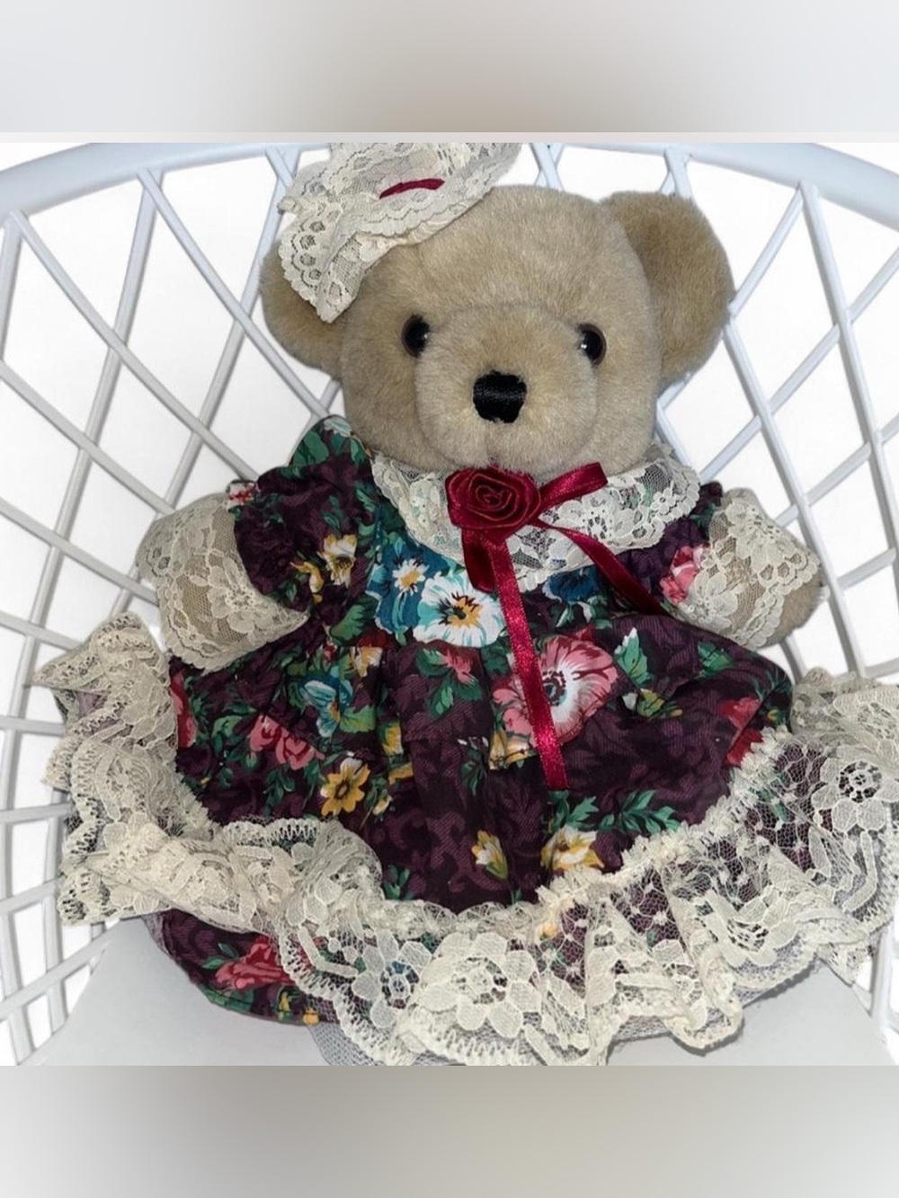 Cream Plush Teddy Bear in Floral Burgundy Dress - Classic Kids Stuffed Animal